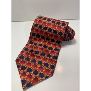 Zionetti Mens Extra Long 62in Silk Tie Red Blue Gold Geometric Scalloped Italy
